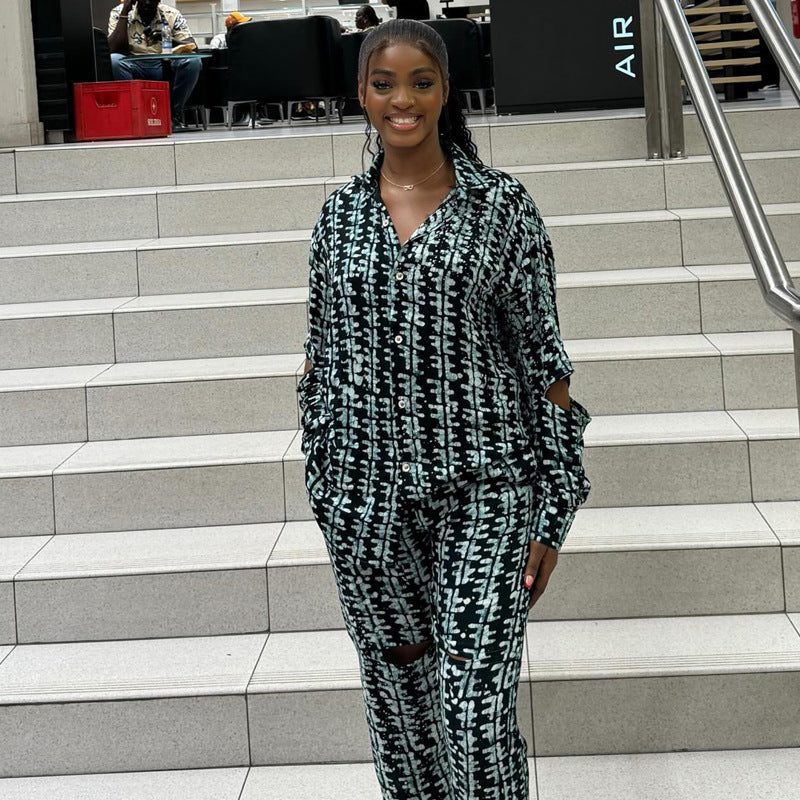 Africa Printed Fashion Casual Loose long-sleeved shirt and trousers two-piece suit for women 3