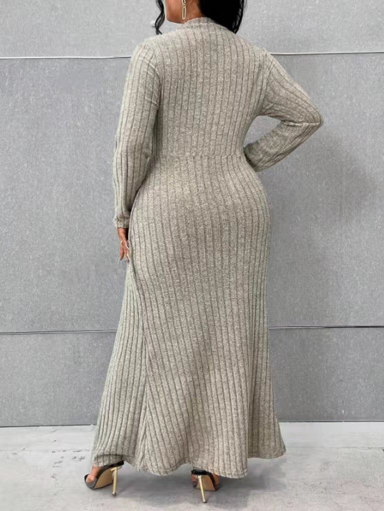 Autumn And Winter Long Sleeve Round Neck Slit Knitting Solid Color Plus Size Dress 5