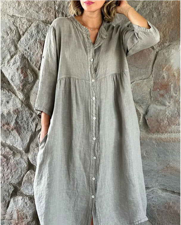 Women's Linen Solid Color Casual Stand Collar Button Long Dress 5