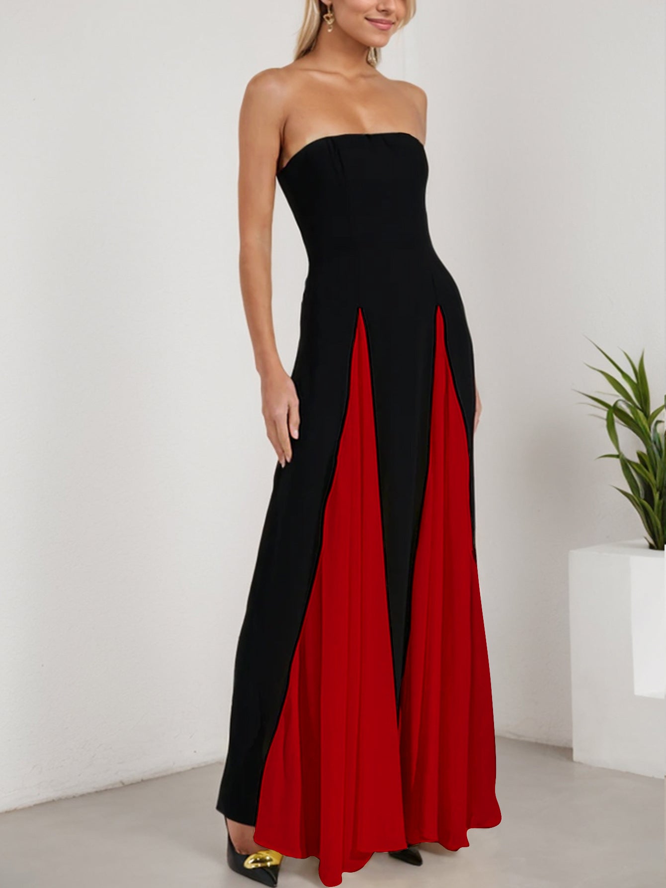 Fashionable Women's Sexy Contrast Patchwork Strapless Long Evening Dress 7