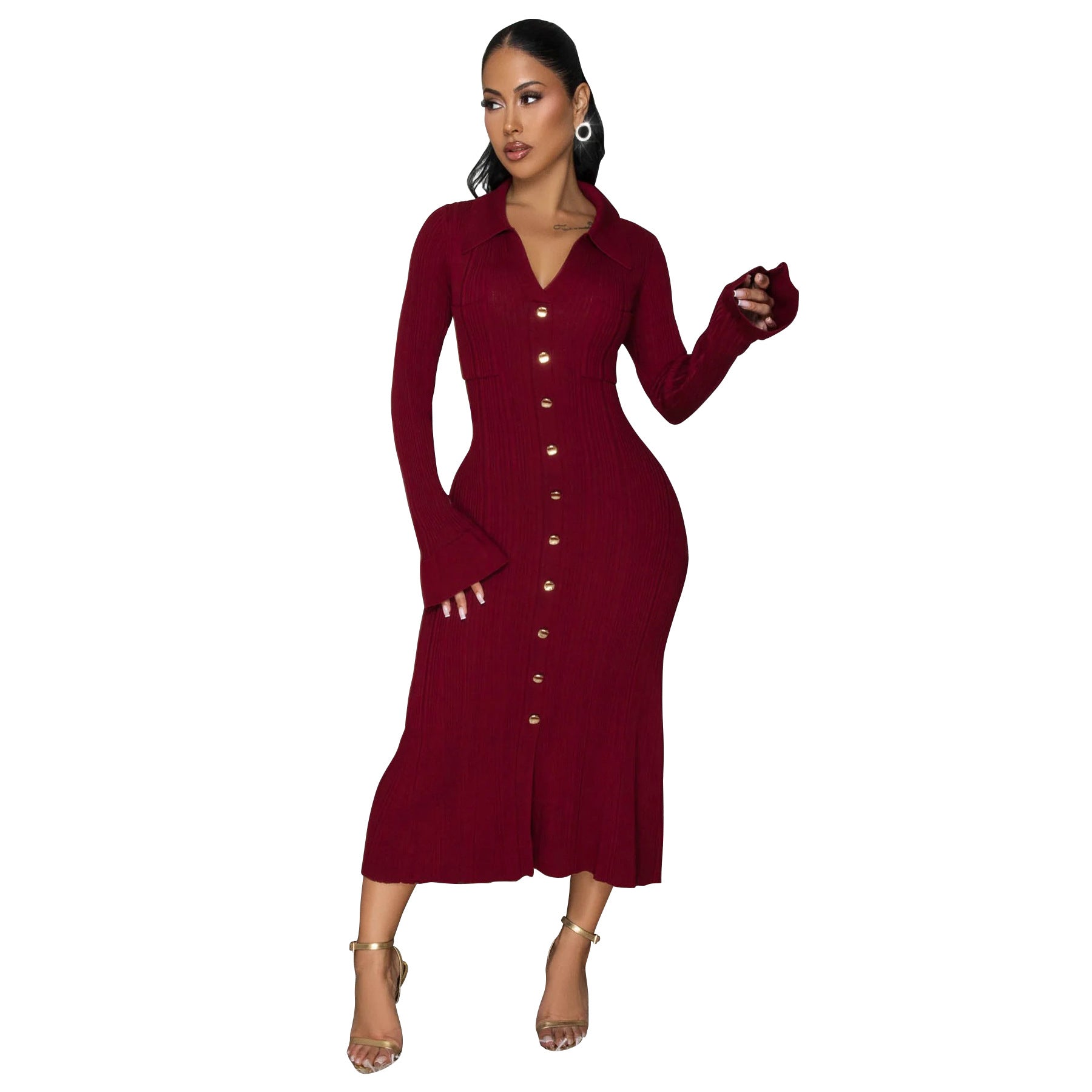 Women's Fashion V-Neck Single Row Buttons Long Sleeve Solid Long Dress 36