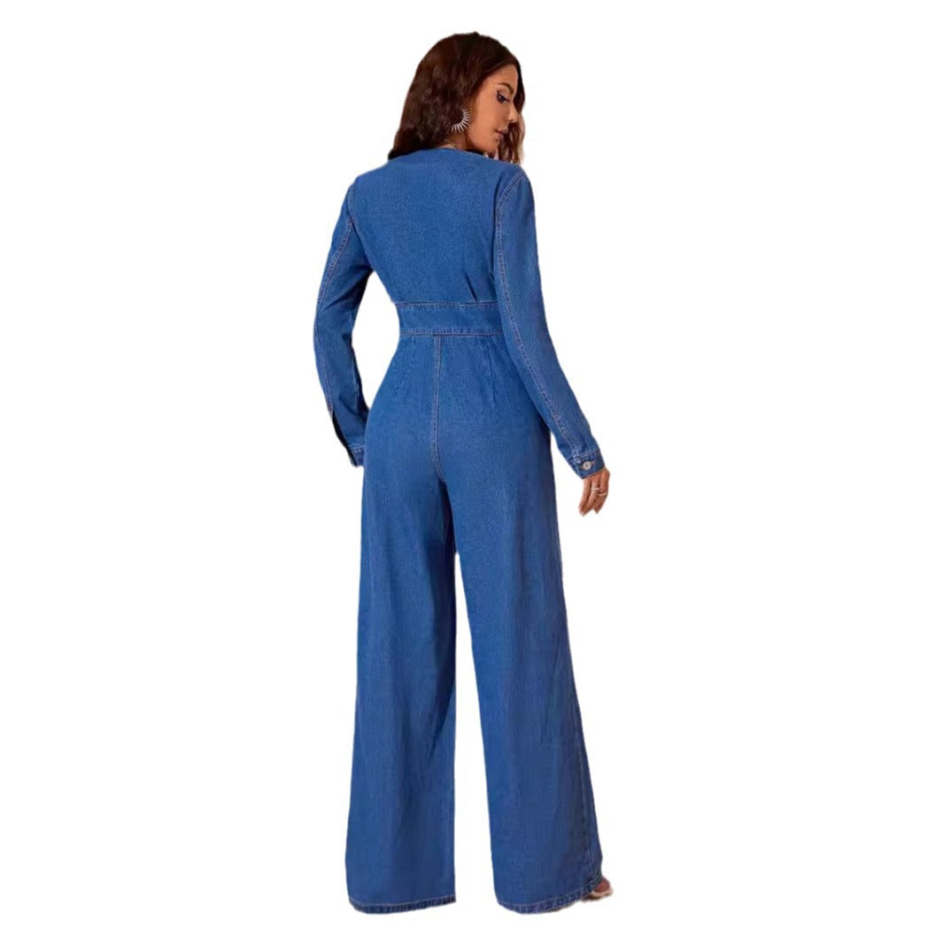 Women's Casual V-Neck Long Sleeve Wide Leg Denim Jumpsuit 5