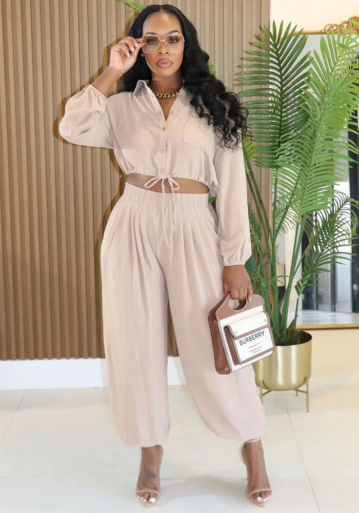 Women's Autumn Solid Elastic Waist Long Sleeve Pocket Sport Pants Set