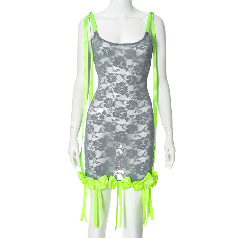 Women sexy See-Through hollow jacquard Lace tie dress 11