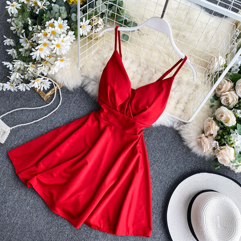 Spring Feminine V-Neck Low Back Slim Waist High Waist Slim Fit Solid Color Straps Basic A-Line Dress 18