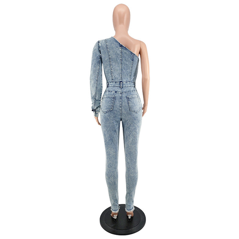 Women Clothes Fall Single Long Sleeve Slash Shoulder Denim Jumpsuit 7