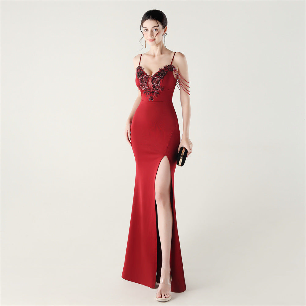 Women beaded tube applique beaded fishbone lace-up formal party evening dress 10
