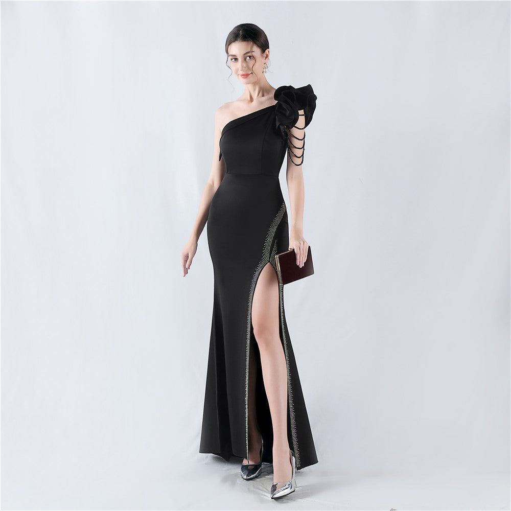 Women Lotus Leaf Shoulder Slash Shoulder Beaded Beaded Evening Dress 9