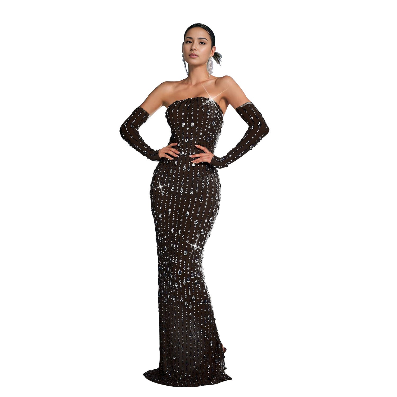Fashion Women's Clothing Beaded Rhinestone Strapless Sexy See Through Nightclub Long Dress 7