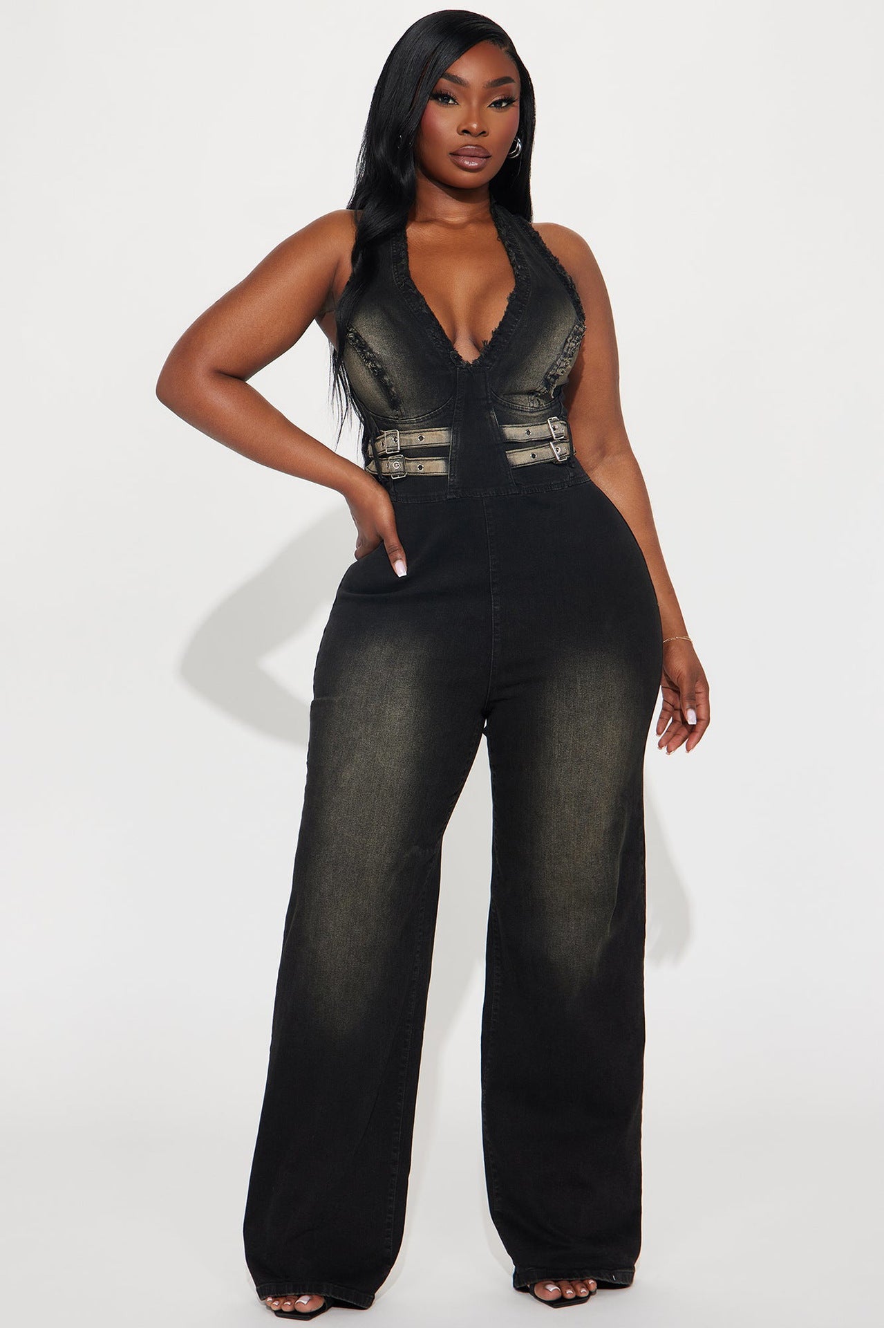 Tight Waist Slim Elastic Washed Denim Halter Neck Loose Jumpsuit 4