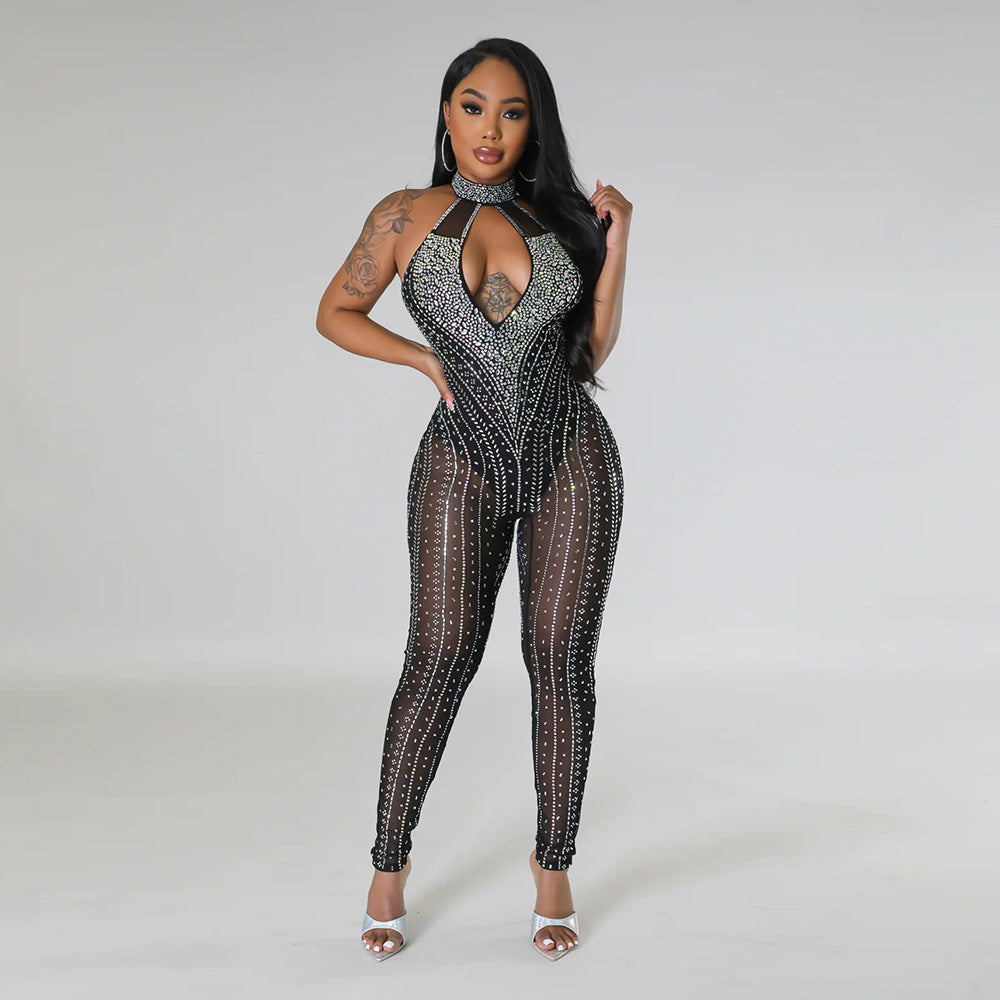 Sexy Cutout Beaded Sexy See-Through Zippered Jumpsuit Slim Fit Sleeveless Trousers 6