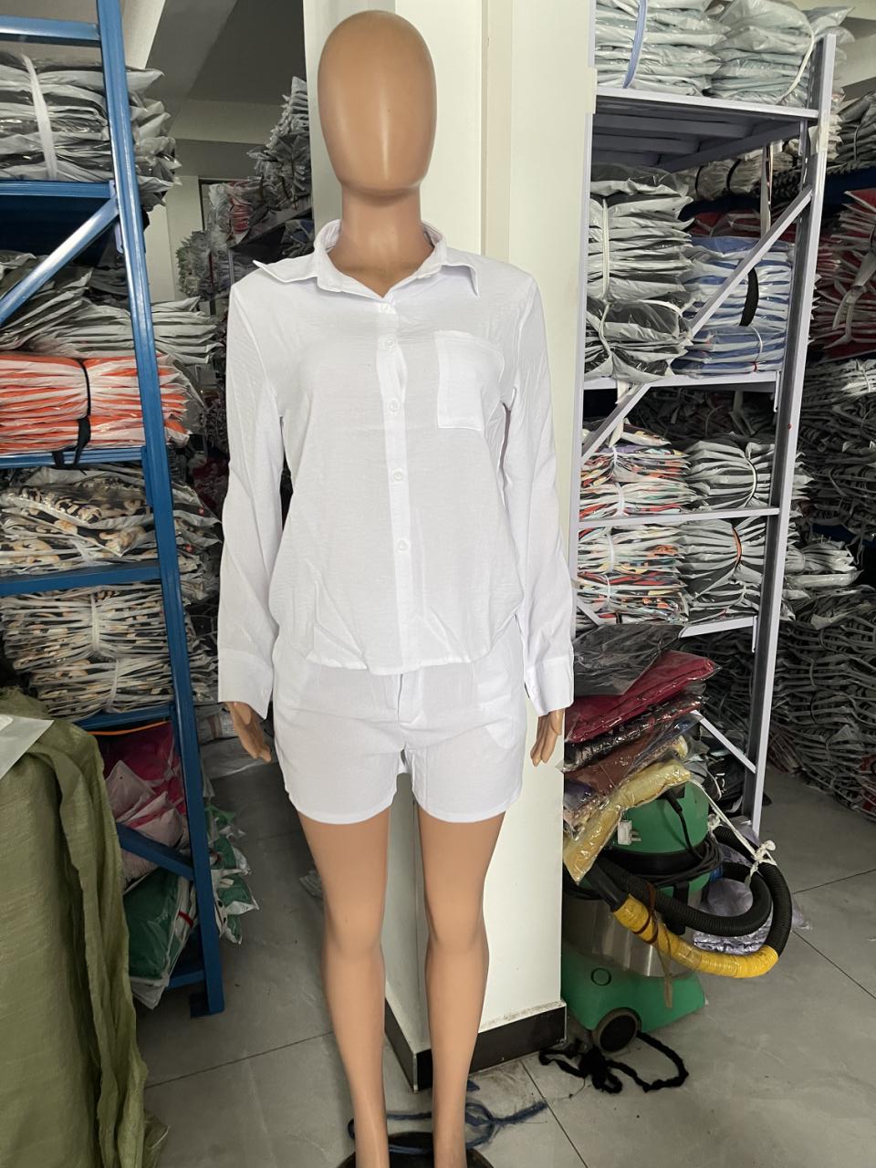 Women's Chic Elegant Solid Color Pocket Long Sleeve Shirt Shorts Set Two Piece Set 6