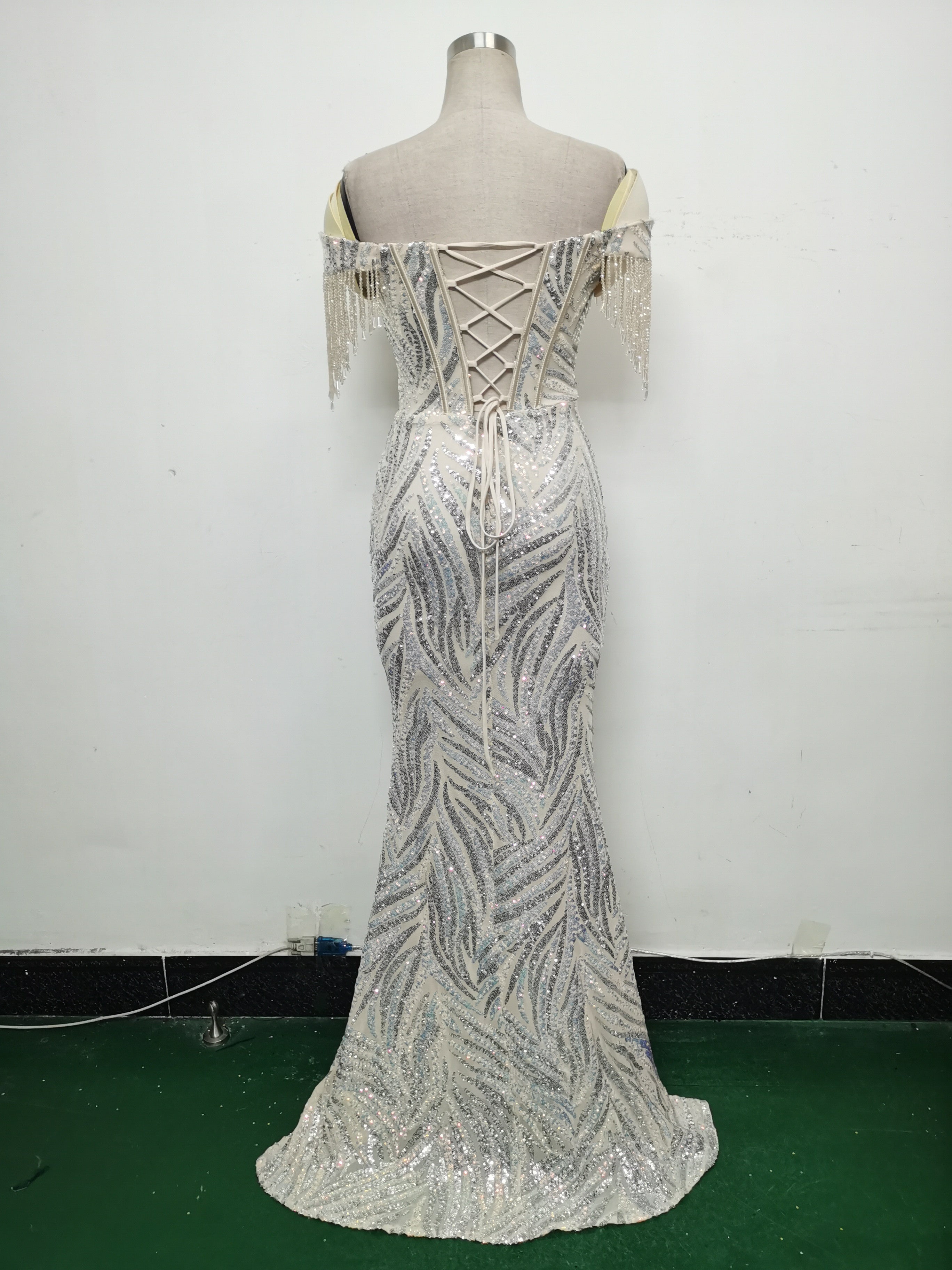 Off Shoulder Tassels Fishbone Slim Waist Lace-Up Sequin Evening Dress 22