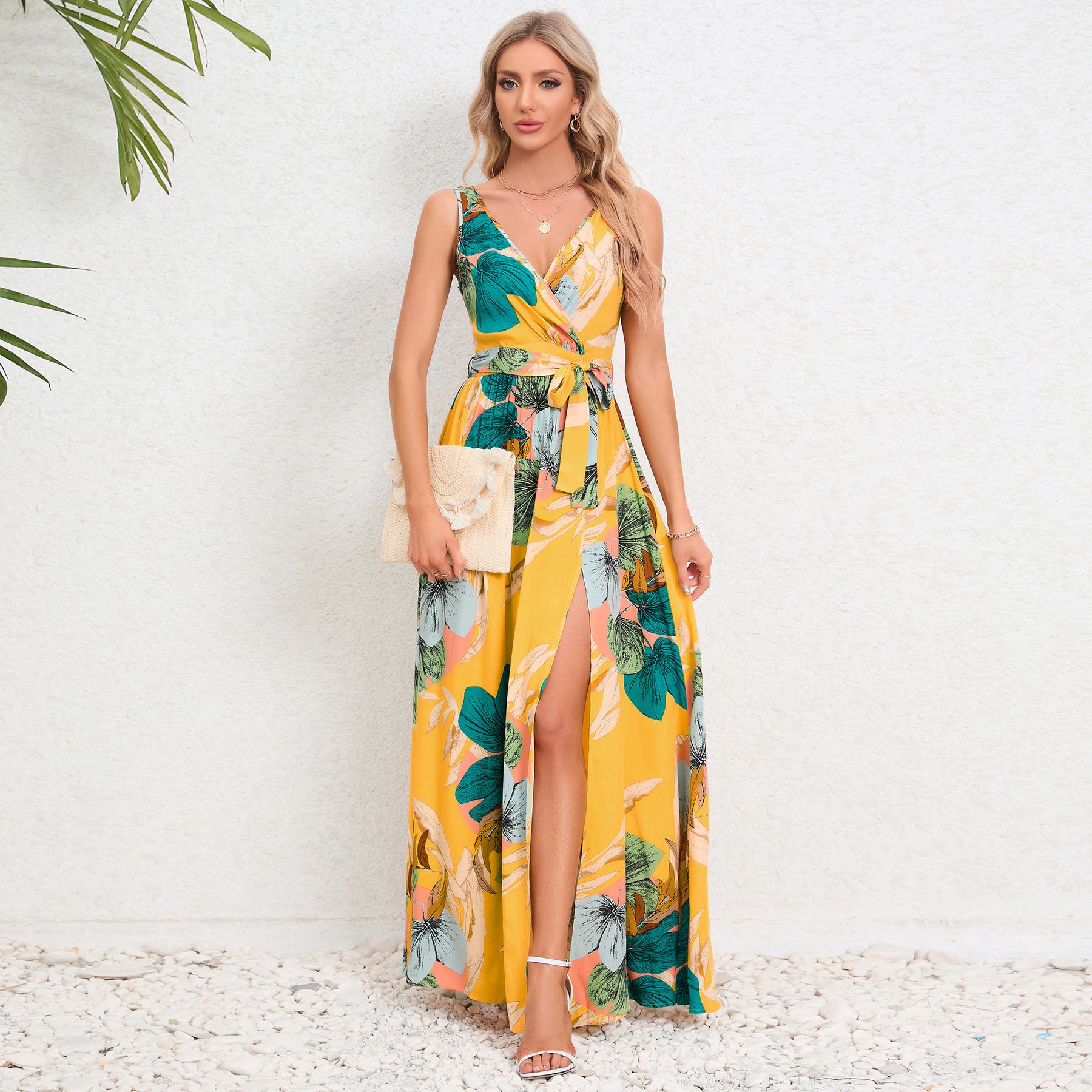 Summer Women's V-Neck Sleeveless Slit Printed Long Strap Dress 20