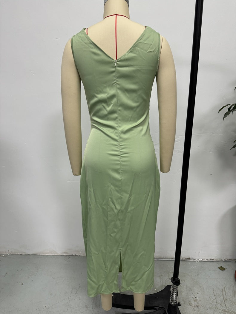 Women Spring and Summer Pleated Sexy Satin Maxi Dress 6