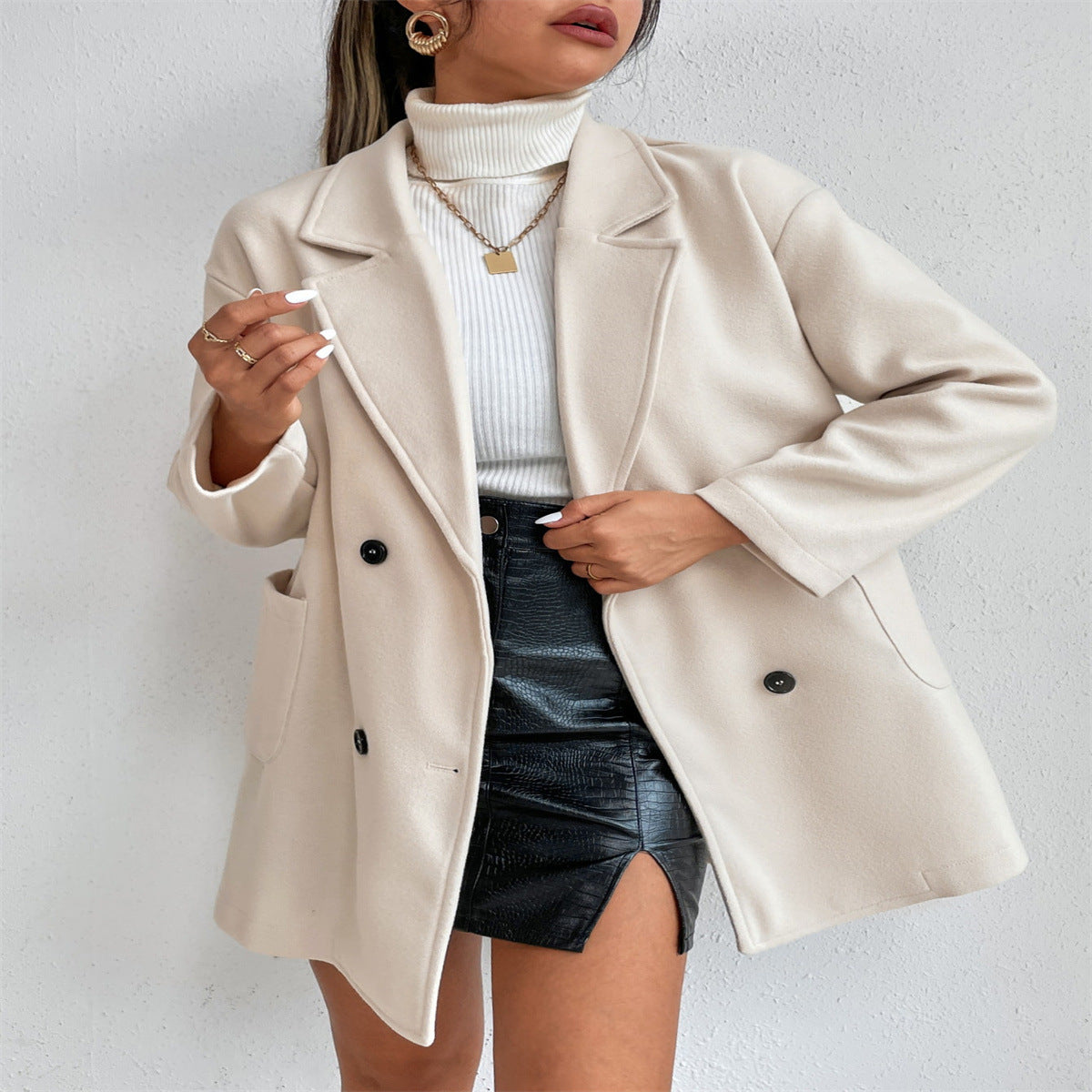 Women Double Breasted Solid Turndown Collar Long Sleeve Jacket