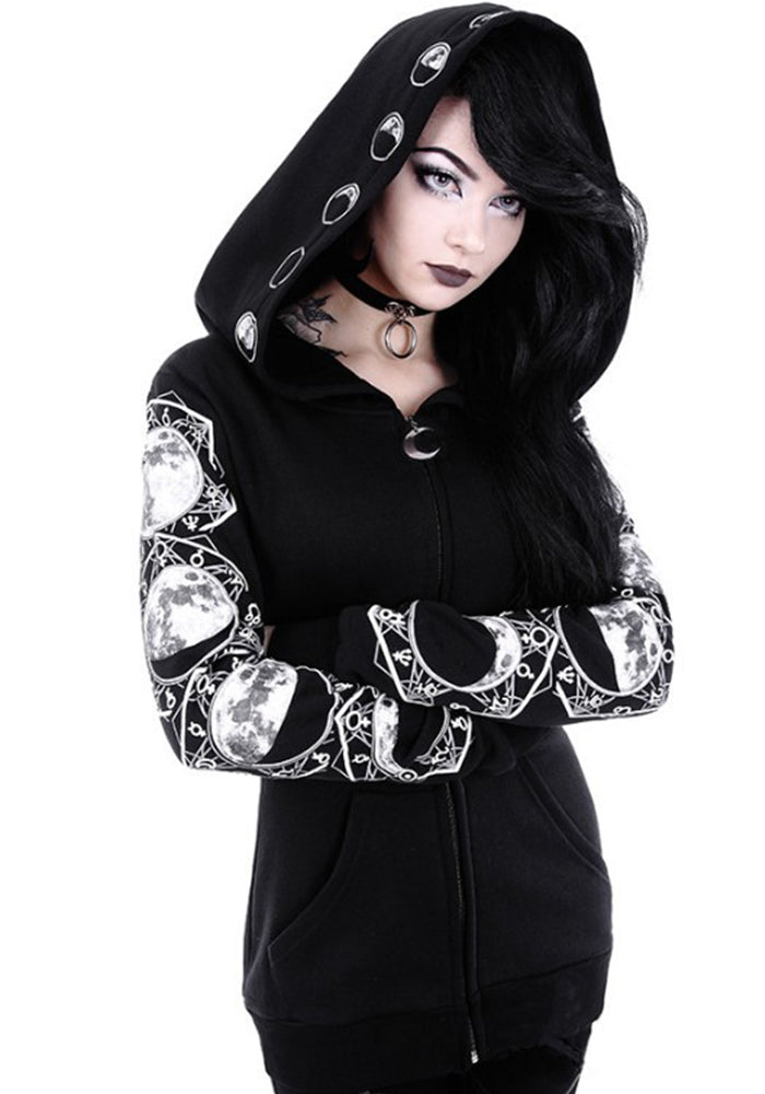 Women Black Punk Peng Hooded Moon Print Long Sleeve Top