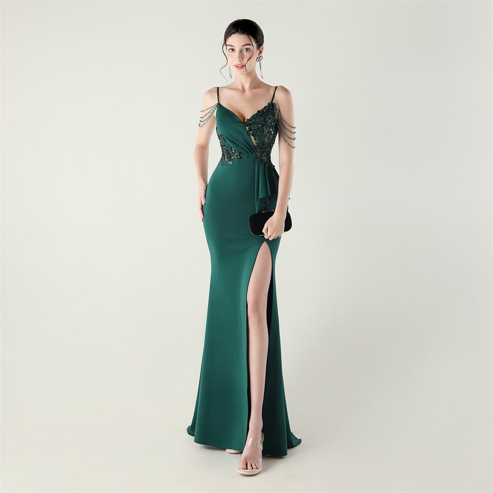 Women beaded tube sequin bow ruffle V neck suspender fishtail formal party evening dress 9