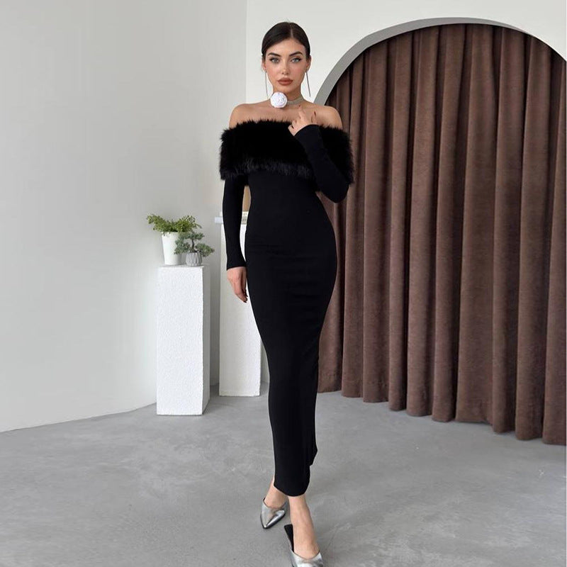 Women Fall Elegant Off Shoulder Fur Collar Dress 3