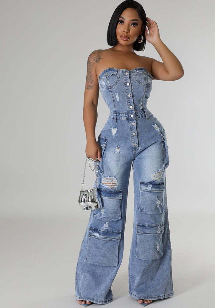Women Casual Strapless Cargo Denim Jumpsuit