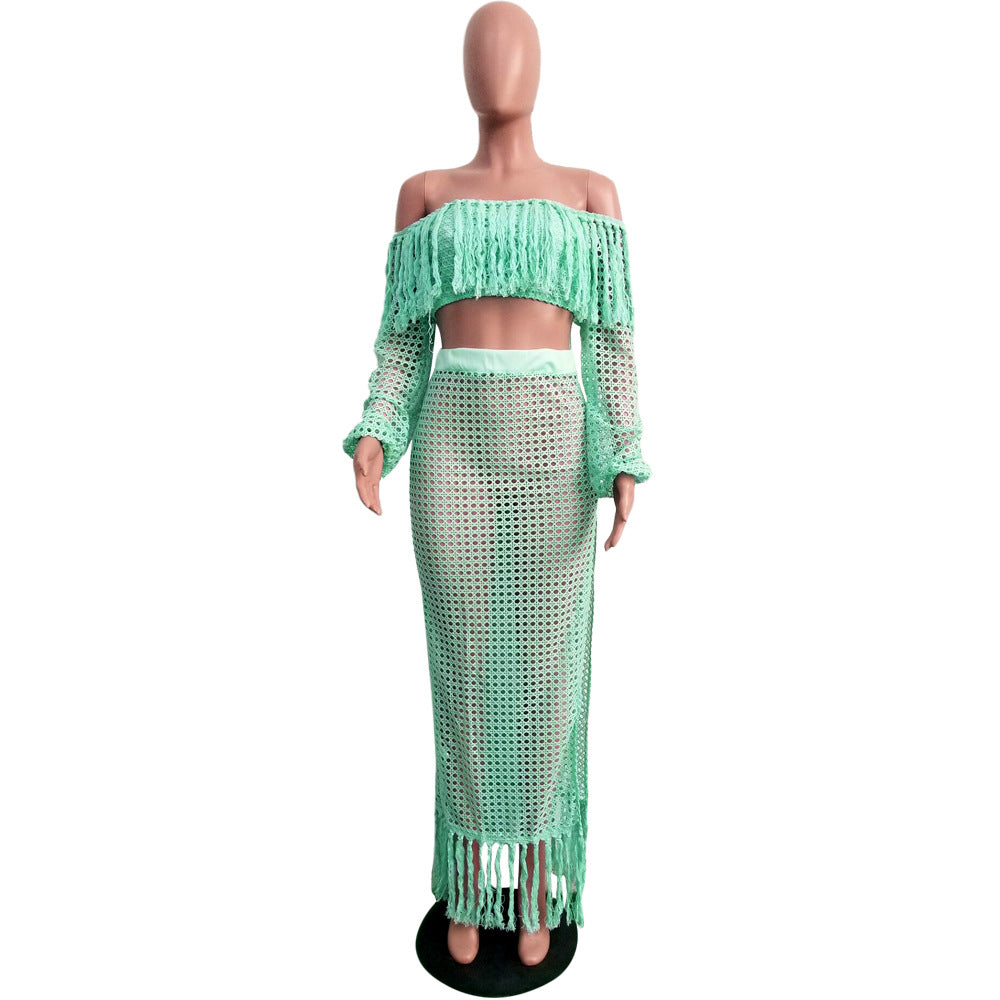 Summer Hollow Sexy Fashion Mesh Tassel See-Through Two-Piece Skirt Set 41