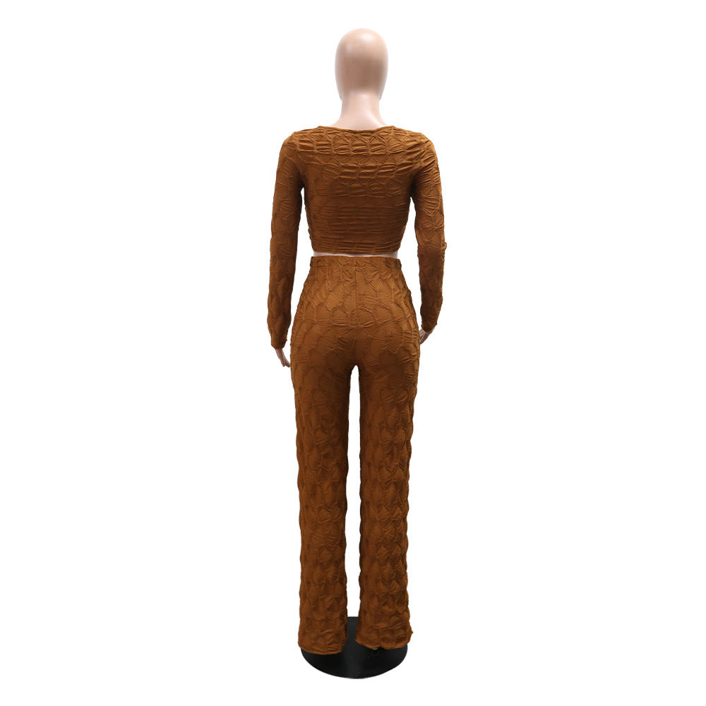 Off Shoulder Long Sleeve Short Top Fashion Slim Trousers  Women Two-Piece Set 11