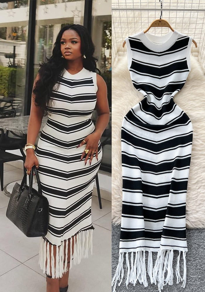Summer Slim Round Neck Sleeveless Color Matching Striped Knitting Bodycon Tassel Dress