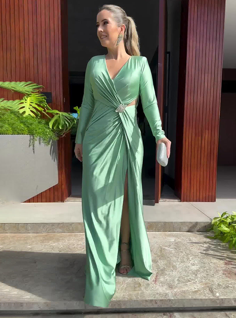 Summer V-Neck Solid Color Long-Sleeved Slim Women's Long Dress 7