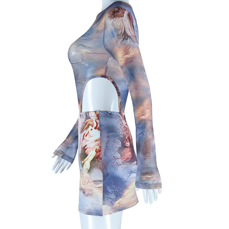 Women Round Neck See-Through Long Sleeve Character Print Bodysuit and Mini Skirt Two-Piece Set 10