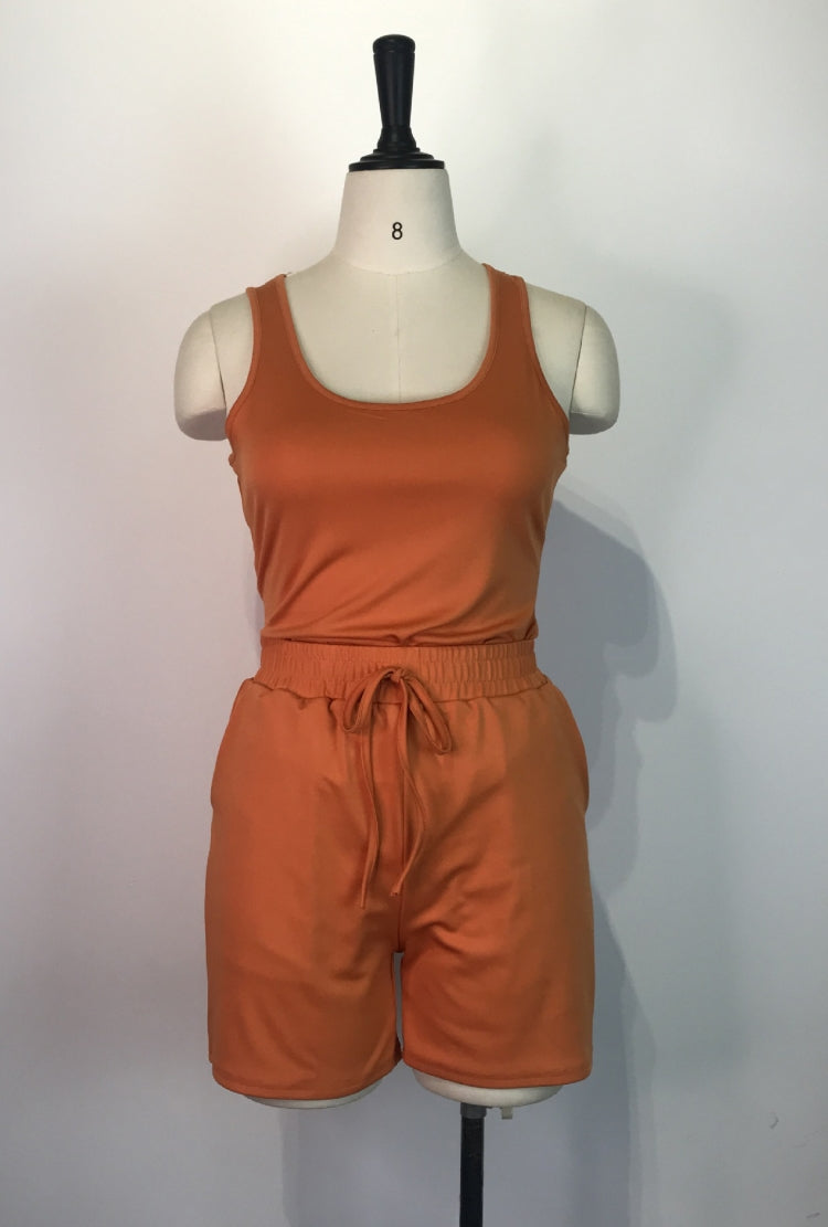 Summer Casual Orange Vest and Drawstrings Shorts 2PC Set 3