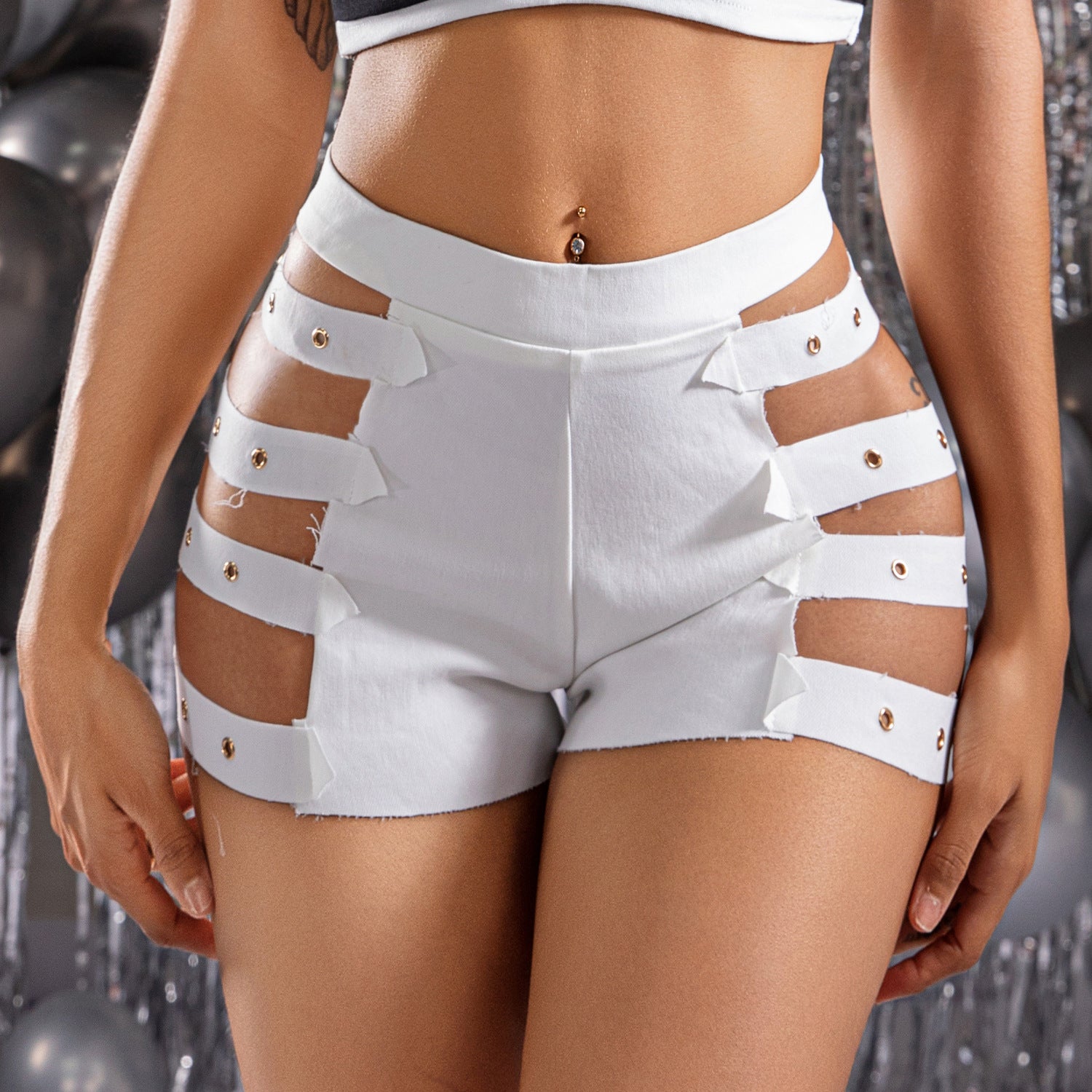 Summer Women's Sexy High Waist Black Hollow Shorts 9