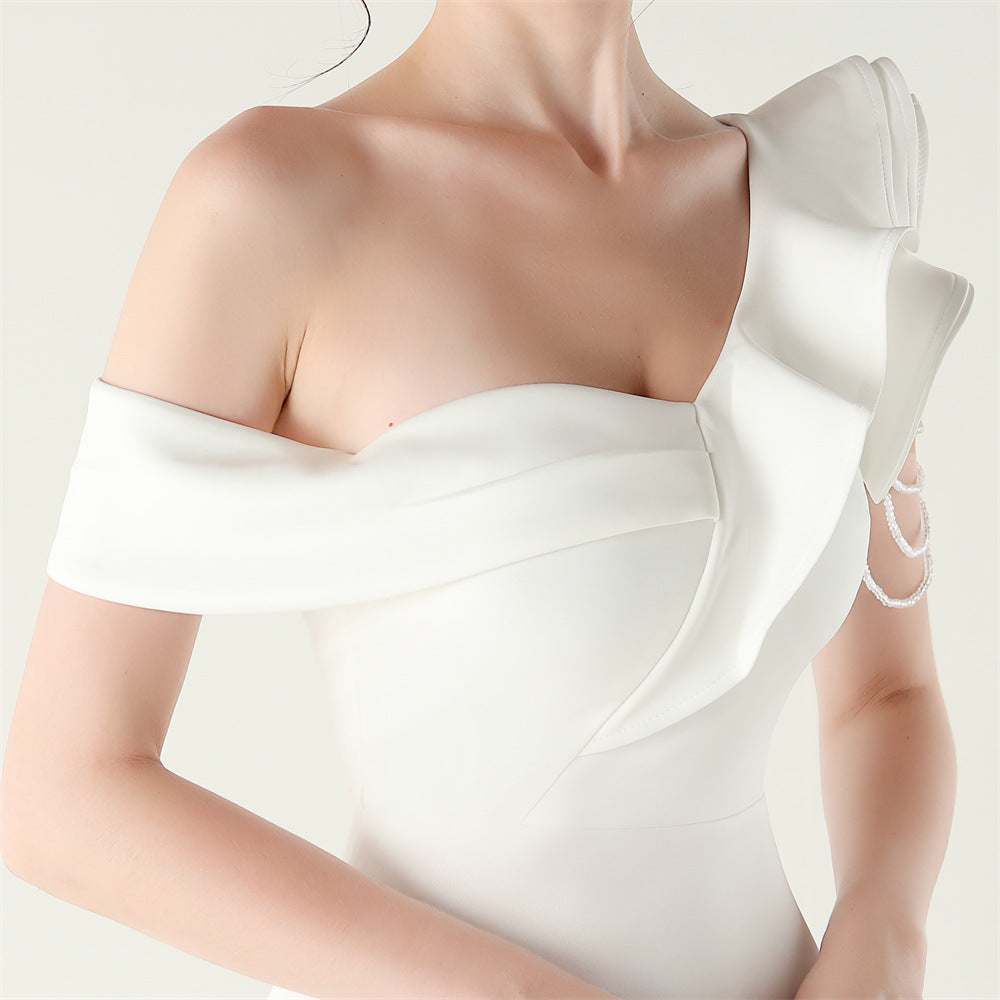 Women ruffled one-shoulder beaded fishtail formal party evening dress 37