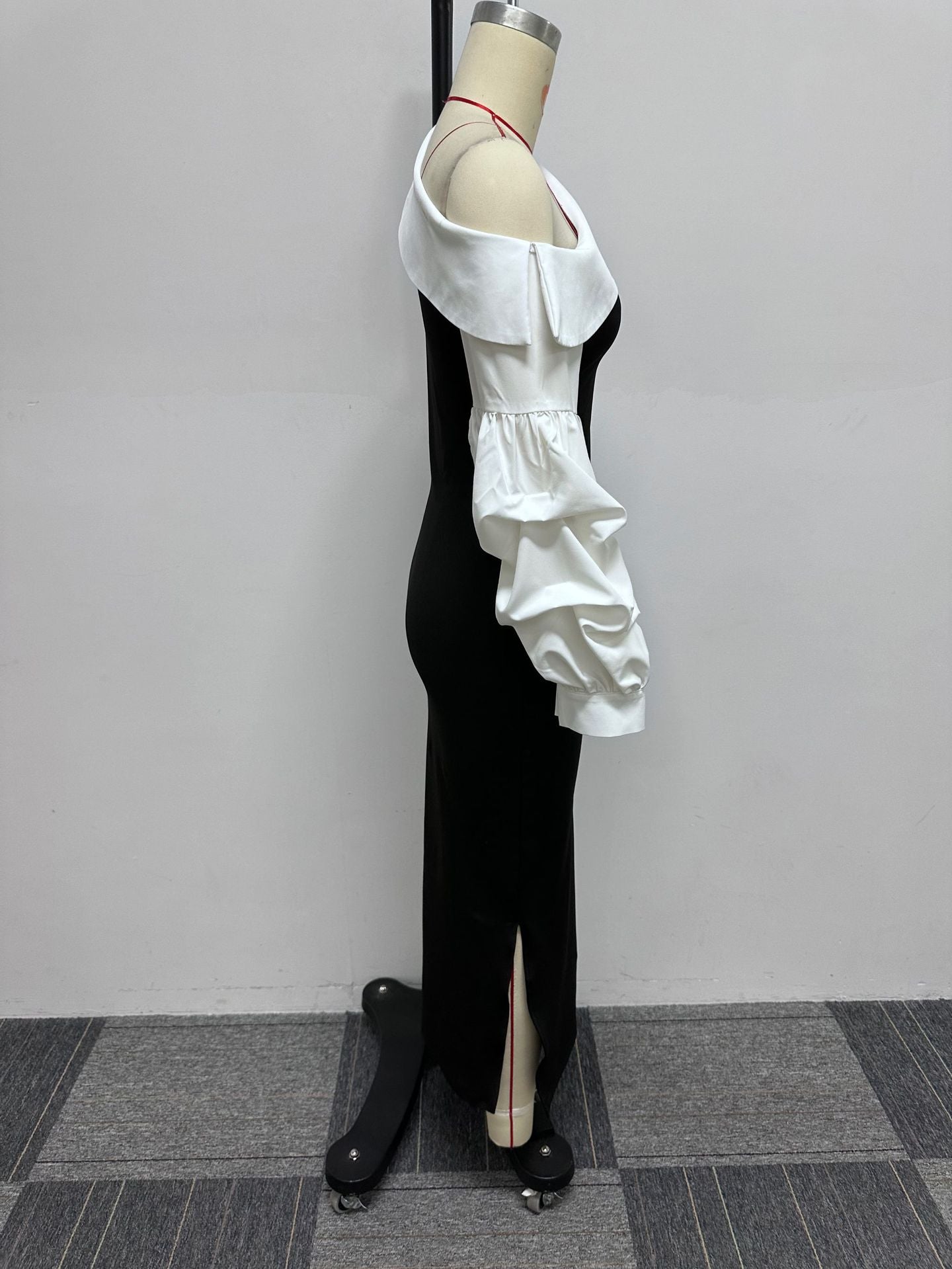 Women Contrast Slash Shoulder Stretch Bodycon Slit Balloon Sleeve Dress 12