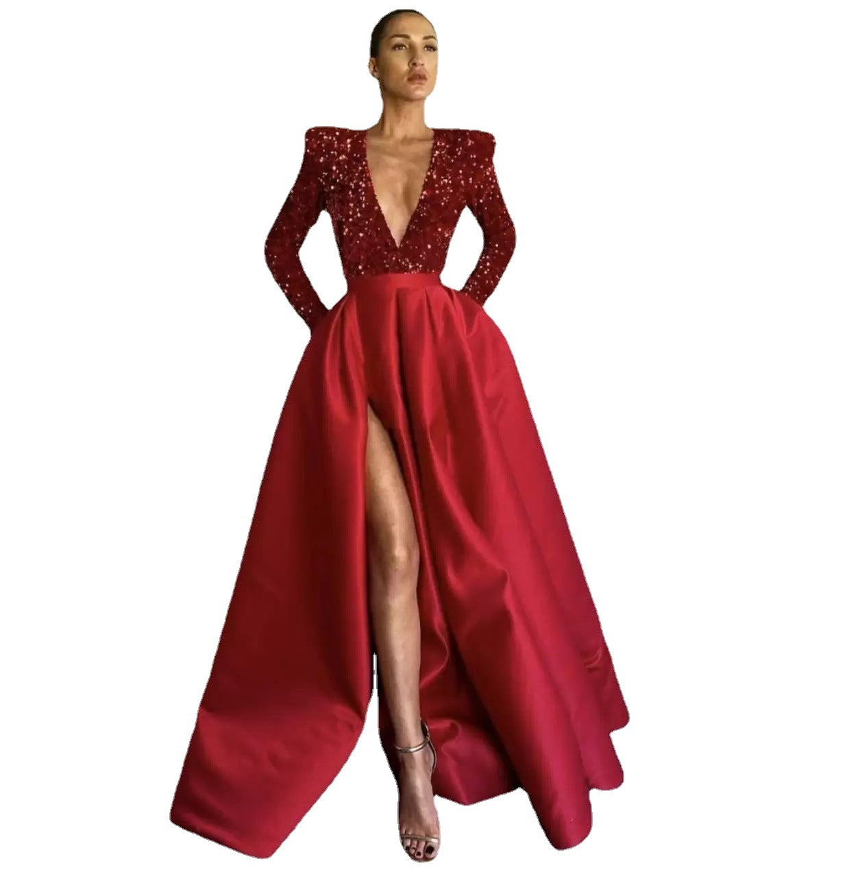 Feminine Long-Sleeved Sequin V-Neck Swing Sequin Slit Long Evening Dress 10