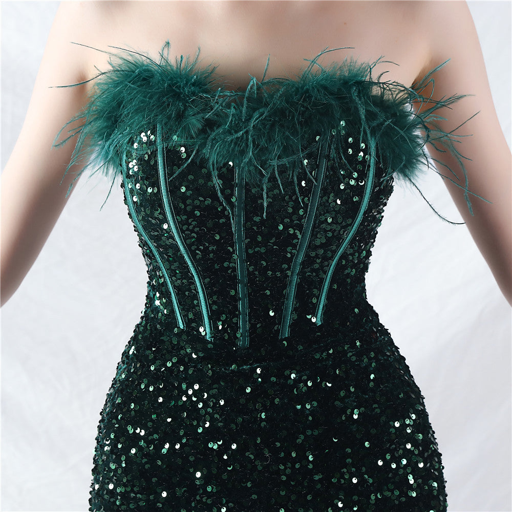 Women palace fishbone vest-ordered ostrich plush bottom sequined evening dress 34