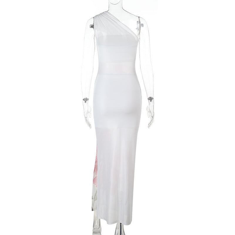 Women Mesh Slash Shoulder Bodycon Maxi Dress 9