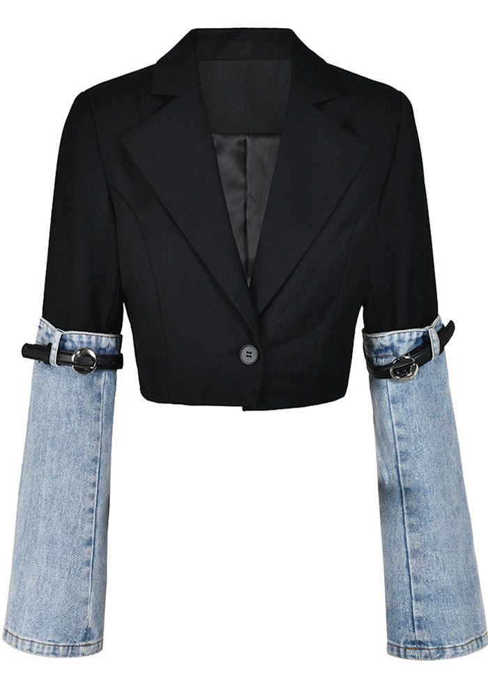 Women's Autumn Style Contrast Color Belt Patchwork Denim Jacket