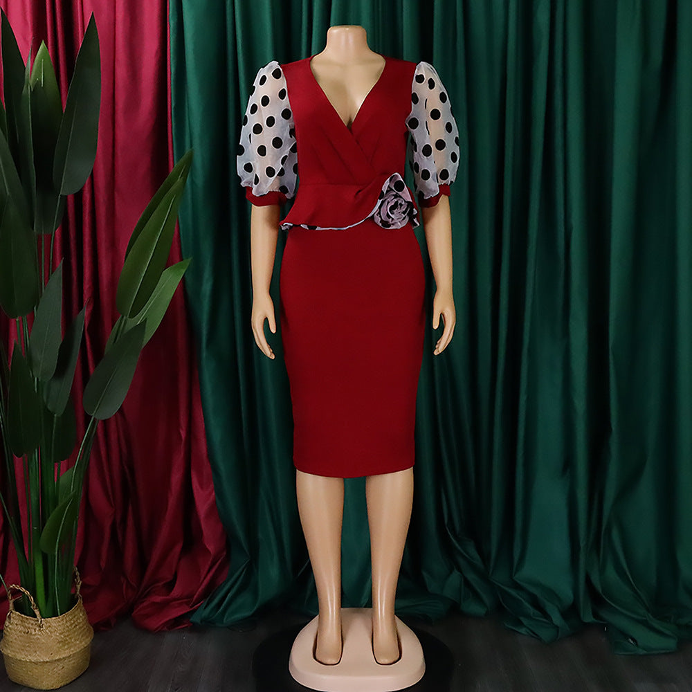 Women Summer mesh flocked puff sleeves V-neck Bodycon dress 17