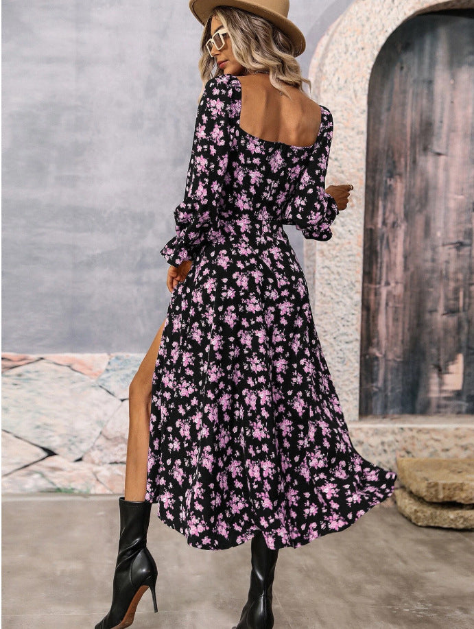 Autumn And Winter Women Printed Long Sleeve Low Back Bohemian Dress 9
