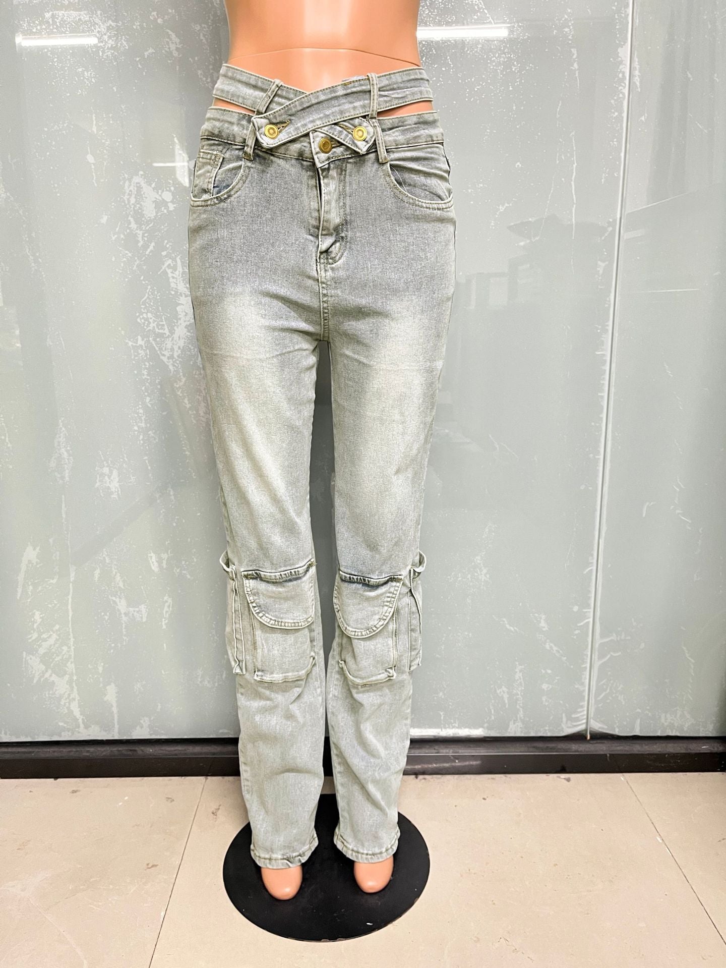 Zipper Casual High Stretch Cargo Denim Pants 9