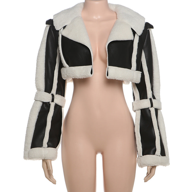 Autumn High Street PU Leather Patchwork Fur Collar Cropped Jacket 13