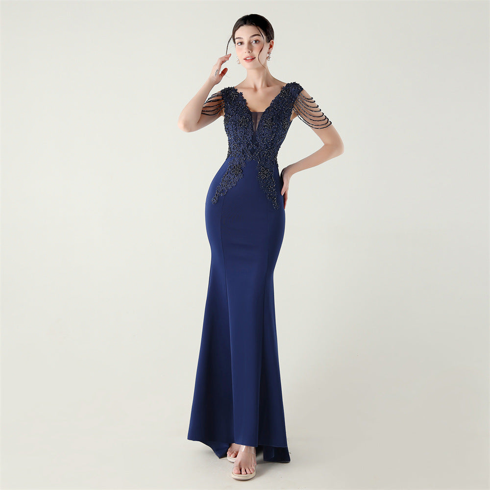 Women Heavy Beaded Applique Fishbone Train Lace-Up Formal Party Evening dress 10