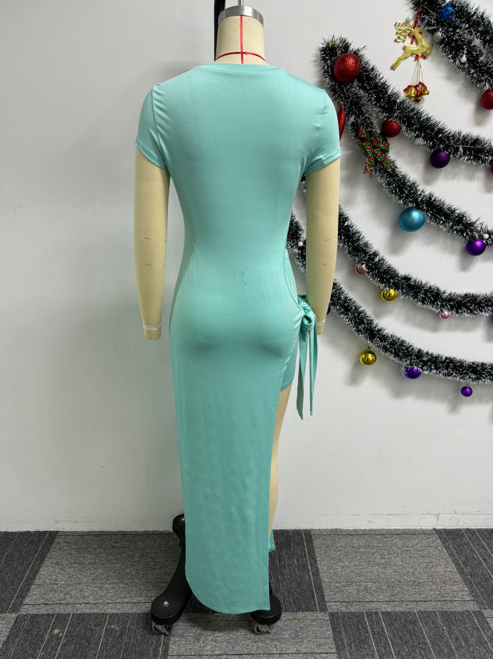 Sexy Solid Color Hollow Stretch Tight Fitting Slit Lace-Up Midi Dress Shorts Two Piece Set 12