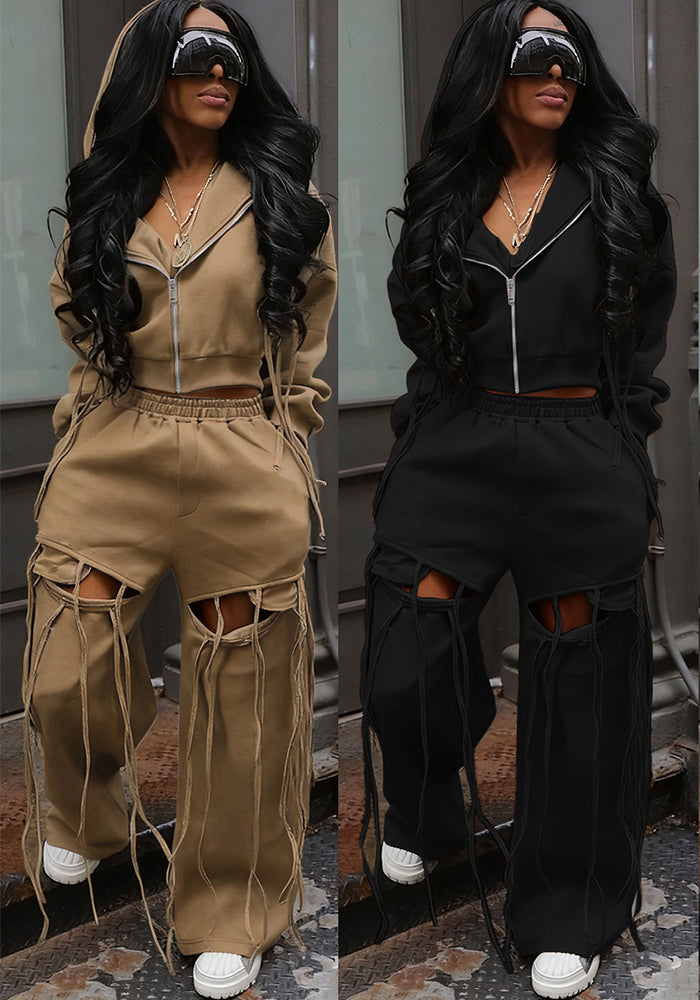 Women casual zipper hoodies and ripped wide-leg pants two-piece set