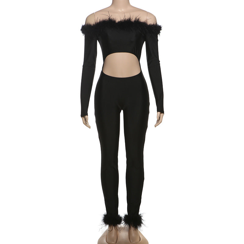 Spring Fashion Street Trend Off Shoulder Fur Patchwork High-Waist Hollow Women's Jumpsuit 6