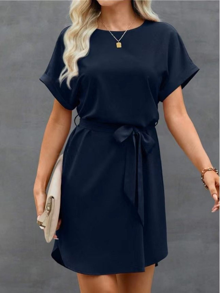 Women Lace-up Waist Short Sleeve Dress 3