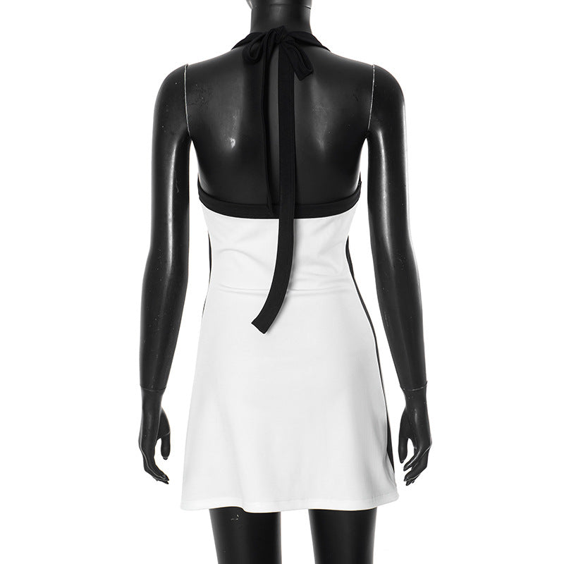 Women's Summer Contrast Color Halter-Neck Sexy Low-Back Bodycon Dress 13