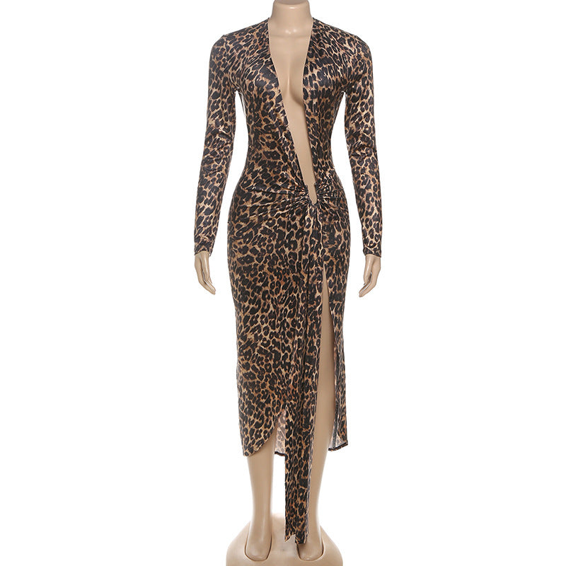 Women's Summer Sexy Leopard Print Deep V-Neck Slit Dress 6