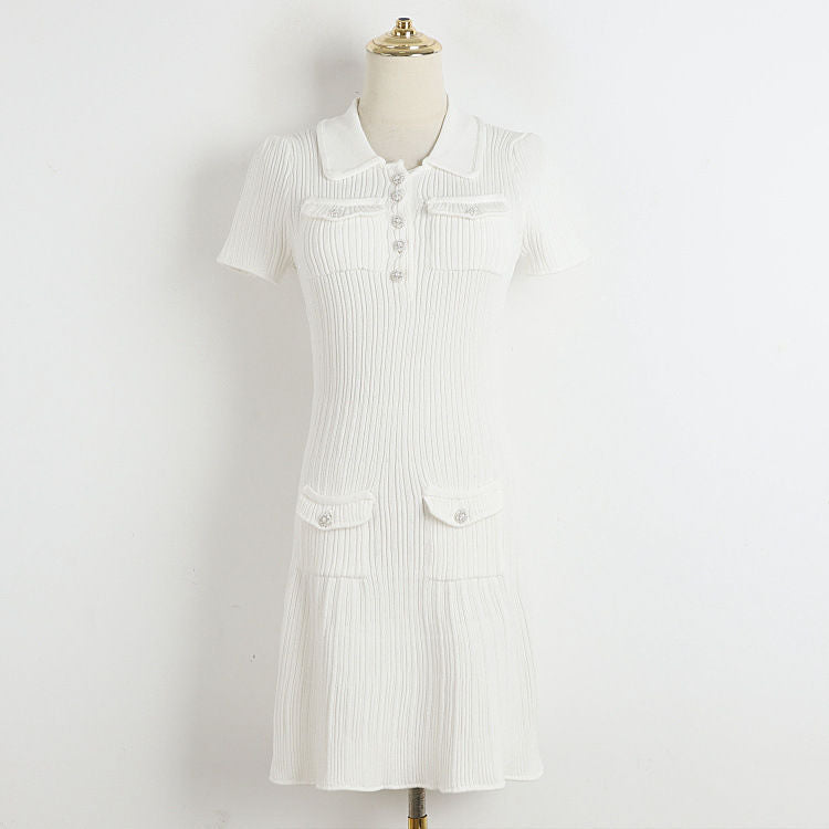 Women French spring Summer Turndown Collar knitting dress 8