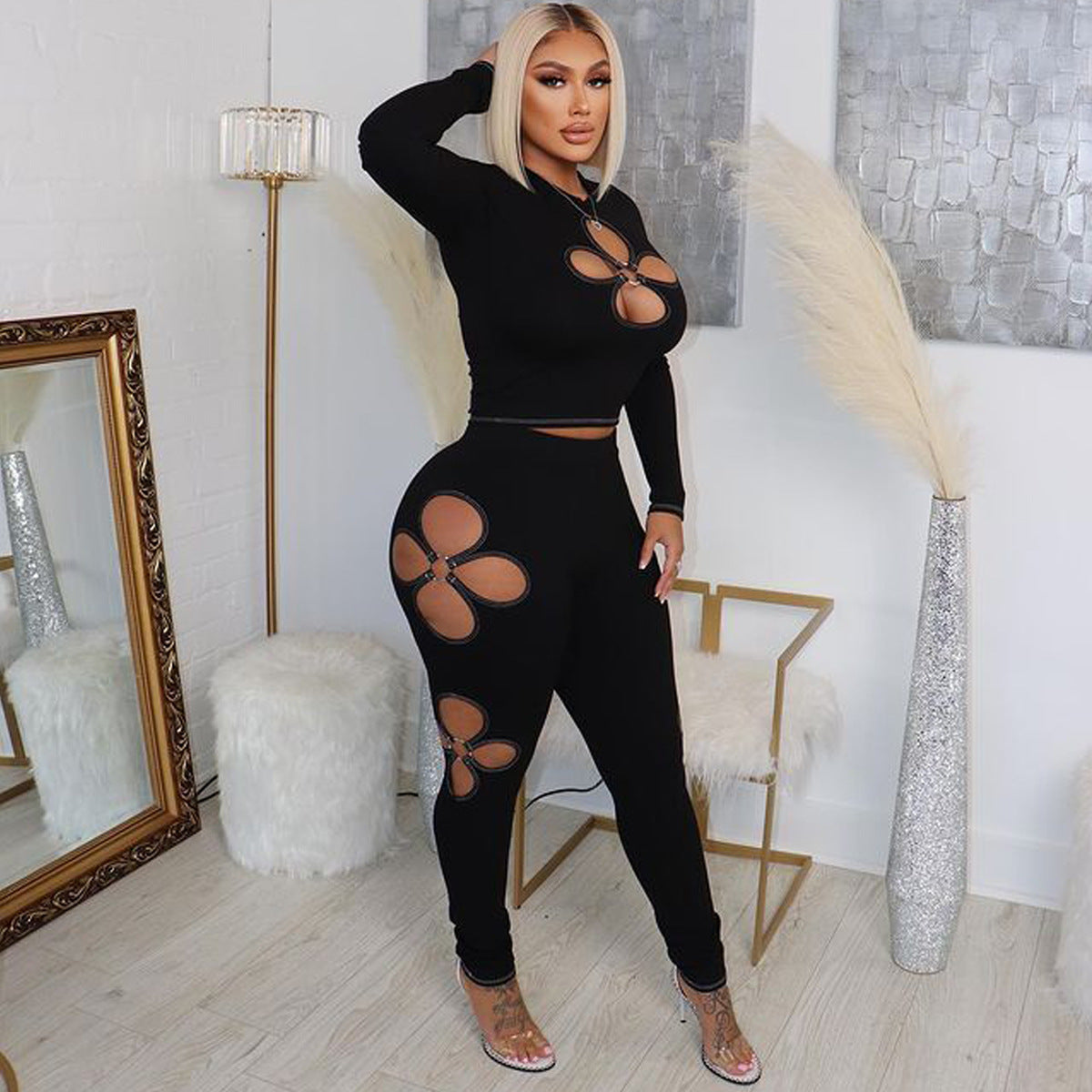 Stretch Ribbed Quatrefoil Cutout Sexy Two-Piece Set 5